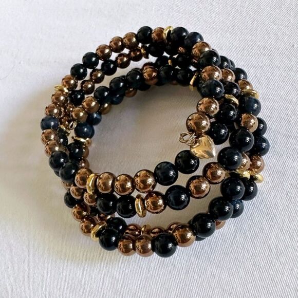 6mm Navy Tiger Eye & Bronze Hematite Wire Wrap Bracelet with Gold Spacers/Charm - Picture 4 of 4